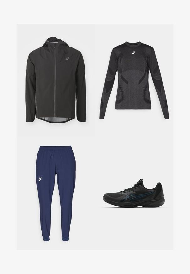 Schwarze wasserdichte Jacke mit Reißverschluss vorne, verstellbarer Kapuze und langen Ärmeln. Hat eine glatte Textur und ein dezentes Logo auf der Brust.; Langärmliges Sportoberteil in Dunkelgrau mit strukturierten Designelementen in Hellgrau. Rundhalsausschnitt mit Logo auf der Brust.; Marineblaue Sporthosen aus leichtem Stoff, mit einem elastischen Bund, schmal zulaufenden Beinen und einem weißen Logo-Akzent am Oberschenkel.; ASICS SOLUTION SPEED FF 3 CLAY - Tennisschuh für Sandplätze - black/prism blue