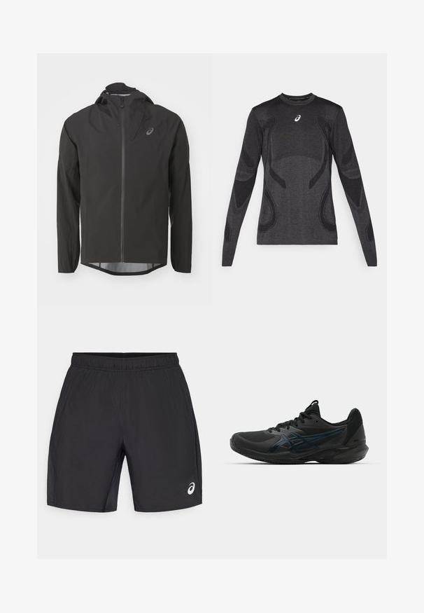 Mustat vedenpitävät takki, jossa on vetoketjullinen etuosa, säädettävä huppu ja pitkät hihnat. Ominaisuuksiin kuuluu sileä pinta ja hillitty logo rinnassa.; Pitkähiha urheilu toppi tummanharmaana, jossa on tekstuurisia design-yksityiskohtia vaaleammassa harmaassa. Pyöreä kaula-aukko ja logo rinnassa.; Mustat urheilushortsit, joissa on joustava vyötärö, sileä pinta ja pieni valkoinen logo alareunassa oikealla puolella.; ASICS SOLUTION SPEED FF 3 CLAY - Massakentän kengät - black/prism blue