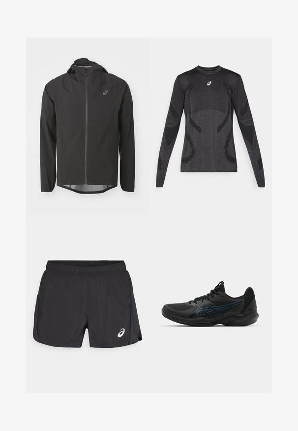 Črna vodoodporna jakna z zadrgo spredaj, nastavljivim kapuco in dolgimi rokavi. Ima gladko teksturo in subtilen logotip na prsih.; Dolge roke športna majica v temno sivi barvi, z teksturiranimi oblikovalskimi poudarki v svetlejši sivi. Okrogla izreza z logotipom na prsih.; Črne atletske kratke hlače z elastičnim pasom, s stranskim razporkom in belim logotipom na spodnjem desnem delu. Lahka, gladka tekstura.; ASICS SOLUTION SPEED FF 3 CLAY - Teniški copati za peščeno podlago - black/prism blue
