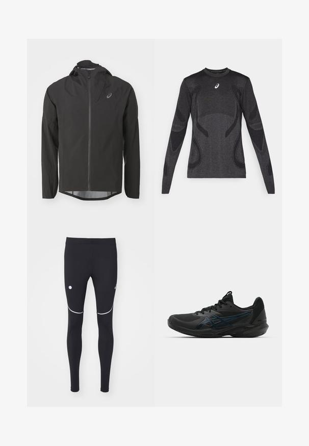 Giacca impermeabile nera con zip anteriore, cappuccio regolabile e maniche lunghe. Presenta una texture liscia e un logo discreto sul petto.; Maglia sportiva a maniche lunghe in grigio scuro, con dettagli di design testurizzati in un grigio più chiaro. Collo a giro con logo sul petto.; Leggings sportivi neri realizzati in tessuto elastico, con dettagli riflettenti e un logo circolare sulla coscia sinistra. Design aderente.; ASICS SOLUTION SPEED FF 3 CLAY - da tennis per terra battuta - black/prism blue