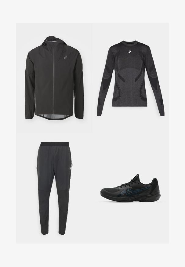 Zwarte waterdichte jas met een rits aan de voorkant, verstelbare capuchon en lange mouwen. Kenmerkt zich door een gladde textuur en een subtiel logo op de borst.; Langarm atletisch T-shirt in donkergrijs, met textuuraccenten in lichter grijs. Ronde halslijn met logo op de borst.; Zwarte sportieve broeken van lichtgewicht, waterafstotend materiaal, met een taps toelopend ontwerp, elastische tailleband en ritszakken aan de zijkanten.; ASICS SOLUTION SPEED FF 3 CLAY - Tennisschoenen voor kleibanen - black/prism blue