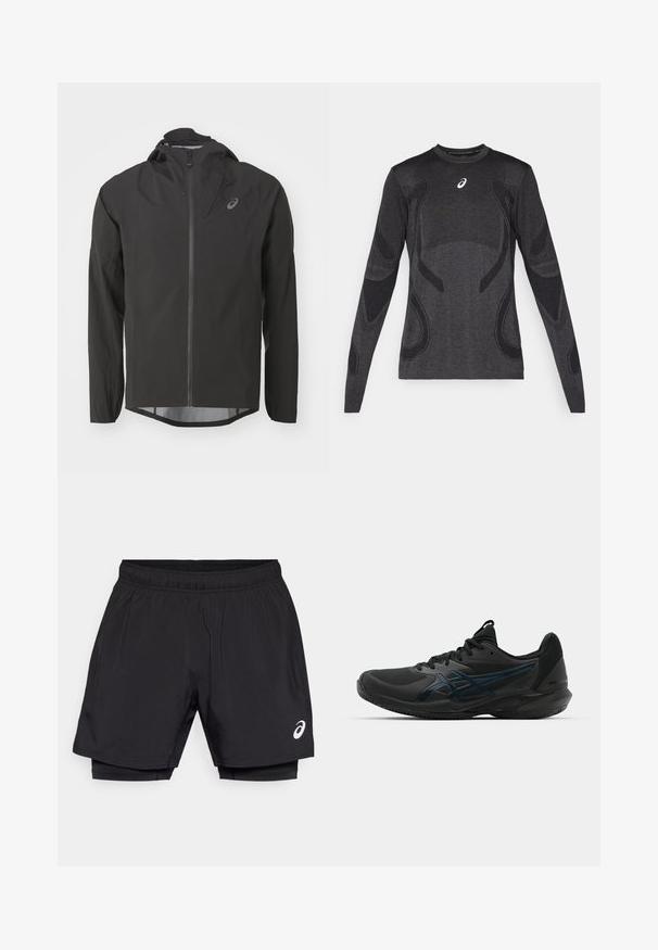 Svart vanntett jakke med glidelås foran, justerbar hette og lange ermer. Har en jevn tekstur og en subtil logo på brystet.; Langermet treningsgenser i mørkegrå, med teksturerte designelementer i lysere grå. Rund hals med logo på brystet.; Svart trening shorts med elastisk midjebånd, med et lett ytterlag og integrert kompresjonsforing. Liten logo detalj på siden.; ASICS SOLUTION SPEED FF 3 CLAY - Clay court tennissko - black/prism blue