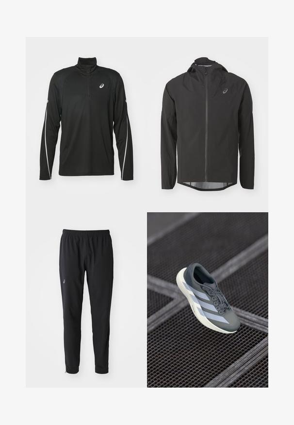 Black waterproof jacket with a zip front, adjustable hood, and long sleeves. Features a smooth texture and a subtle logo on the chest.; Black long-sleeve athletic top with a half-zip collar, featuring reflective white accents on the sleeves and a logo on the chest.; ASICS MATCH PANT - Tracksuit bottoms - performance black; Sport shoe in gray and white, made of synthetic material, with a streamlined design, textured finish, and prominent lacing system.