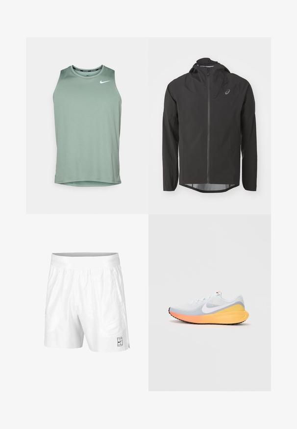 Black waterproof jacket with a zip front, adjustable hood, and long sleeves. Features a smooth texture and a subtle logo on the chest.; Nike Performance MILER TANK - Top - clay green/reflective silver-coloured; White athletic shorts made of lightweight fabric with an elastic waistband, featuring two side pockets and a small black logo on the hem.; Light blue running shoe with a breathable mesh upper. Features a white swoosh, orange and yellow midsole, and black outsole for traction.