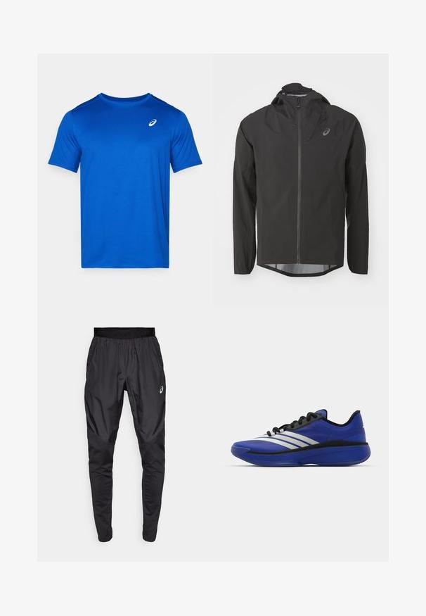 Fekete vízálló dzseki cipzáros elülső résszel, állítható kapucnival és hosszú ujjakkal. Simább textúrával és diszkrét logóval a mellkasi részen rendelkezik.; Kék, rövid ujjú póló könnyű anyagból. Kerek nyakkivágással és egy kis fehér logóval a mellkason. Sima tapintású.; Fekete sportnadrág rugalmas derékkal, oldalsó zsebekkel és ellentétes textúrájú panelek a lábakon. Asics logó a csípőn.; adidas Performance ADIZERO SELECT 3.0 - Kosárlabdacipők - lucid blue/core black/metallic