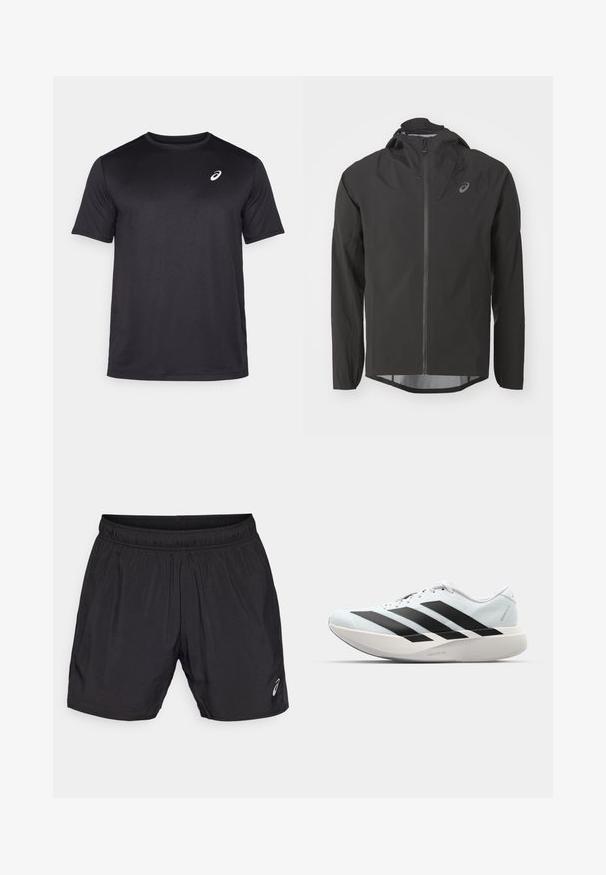 Črna vodoodporna jakna z zadrgo spredaj, nastavljivim kapuco in dolgimi rokavi. Ima gladko teksturo in subtilen logotip na prsih.; Črna atletskega kratkega rokava majica iz zračnega materiala, z okroglo ovratnikom in majhnim belim logotipom na zgornjem levem delu prsnega koša.; Črne športne kratke hlače iz lahkega materiala, z elastičnim pasom in majhnim logotipom na spodnji levi strani.; Lahki tekaški čevlji v svetlo modri barvi z belimi črtami. Imajo gladek zgornji del, okroglo kapico in debel bel srednji podplat z označbo "LIGHTSTRIKE PRO."