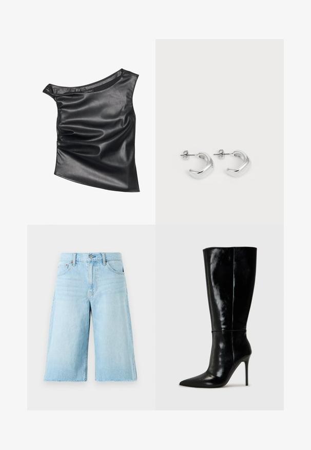 Casaco comprido de lã bege com cintura cingida, gola com recorte, fecho duplo e dois bolsos laterais. Tecido texturizado e corte descontraído.; Top preto, assimétrico, feito de imitação de couro suave. Apresenta um design drapeado e um brilho sutil, com um decote arredondado e textura em camadas.; Calças de ganga de cor azul-clara, com um ajuste solto, bainha desfiada, cinco bolsos e ferragem metálica. Design clássico de jeans com desbotamento sutil.; Botas de couro pretas até ao joelho com bico fino e salto alto de agulha. Textura suave e design elegante, com detalhes mínimos.; Brincos de argola de prata com um acabamento liso e polido. Forma redonda com um design ligeiramente curvado e bordas suavizadas. Fecho de pino.