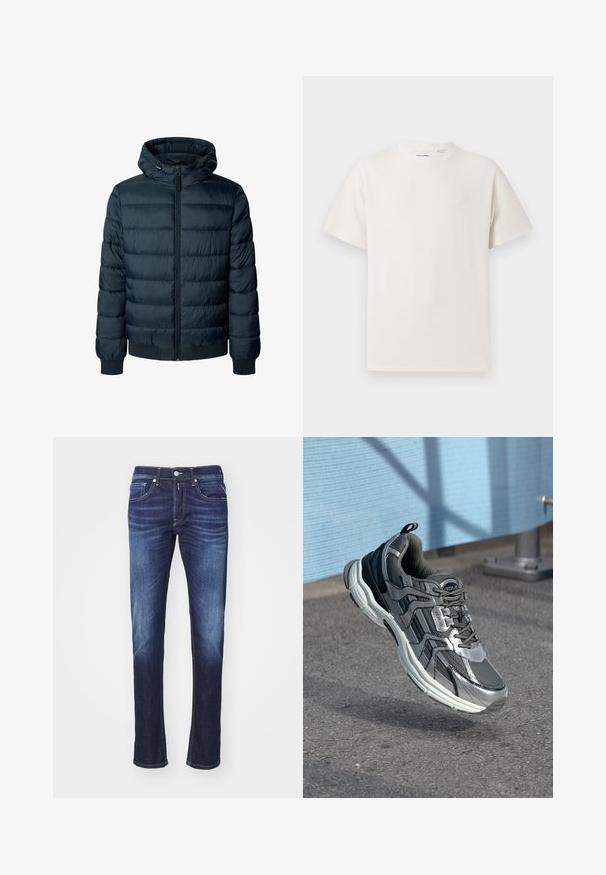 Casaco puffer azul marinho com capuz, costuras horizontais, fecho de correr à frente e punhos com ribanas. Material macio e brilhante com uma textura acolchoada.; T-shirt branco de manga curta em textura canelada. Gola redonda, ajuste descontraído, sem padrões ou detalhes visíveis. Design simples e versátil.; Jeans de ganga azul-escuro com corte reto, apresentando cinco bolsos, fecho de botão e desbotamento subtil ao longo das coxas.; Tênis atléticos cinzas com parte superior em malha e sintético, colarinho acolchoado e design com atacadores. Apresenta uma entressola branca grossa e detalhes texturizados.