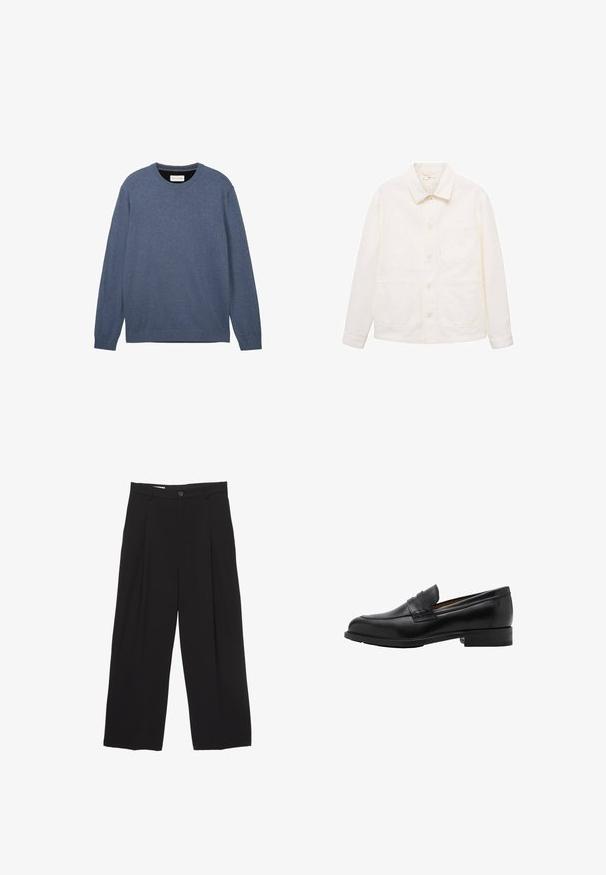 Jachetă button-up off-white cu mâneci lungi, cu guler și trei buzunare frontale, inclusiv unul pe piept.; Pulover cu guler rotund de culoare albastră închisă, realizat dintr-un material moale cu o textură netedă, având mâneci lungi și manșete și tiv din tricot.; Pantaloni negri cu croi larg, realizati dintr-un material neted, avand o talie plată, pliuri frontale și un buton de închidere.; Loafers negri din piele cu vârf brodat și toc plat. Textură netedă, cu vârf rotund și o curea decorativă pe instep.