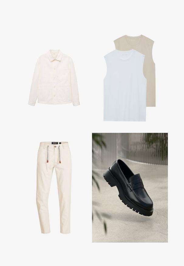 Off-white button-up jacket with long sleeves, a collar, and three front pockets, including one chest pocket.; Two sleeveless shirts: one white, one light beige. Both have crew necklines and are made of soft, smooth fabric with a casual fit.; Beige cotton pants with a straight shape, featuring a drawstring waist with black and white accents, and front and back pockets.; Black leather loafers with a chunky tread sole, featuring a decorative strap and stitching detail. Smooth texture with a polished finish.