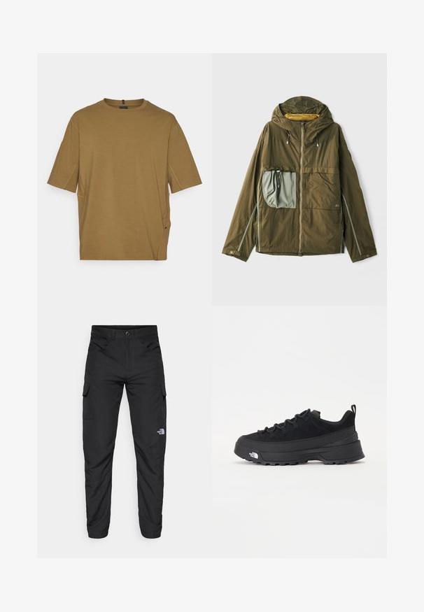 Olive green lightweight jacket with hood, zipper front, large gray pocket, reflective accents, and adjustable drawstrings at the hood.; Short-sleeve, brown t-shirt made from soft fabric, featuring a round neckline and side slits for added comfort. Simple, unadorned design.; The North Face HORIZON PANT - Outdoor trousers - black; Black outdoor sneaker with a suede upper, textured rubber sole, and sturdy lacing system. Features a reinforced heel and brand logo on the side.