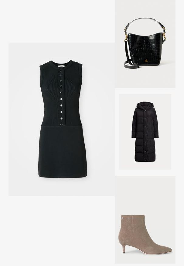 Mustal padjakate koos kapuutsiga, millel on täispikk nööbilukustus, pikad varrukad, küljetaskud ja põlvepikkune disain.; Must have mustriba musta ilma varrukatega kleit ümmarguse kaelusega, millel on ees kuue musta nööbiga nööbiplokk ja kehakujuline siluett.; Hallux hallux nahkasaapad, millel on terav nokk ja madal konts, millel on logo detail ülaservas ja sile, tekstureeritud pind.; Mustad krokodillimustriga must nahast kott, millel on kõver kuju, kuldse riistvara aktsessid, reguleeritav rihm ning logodetail esiosas.