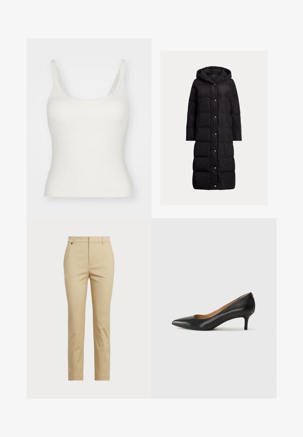 Abrigo acolchado negro con capucha, que presenta un cierre delantero de botones a presión, mangas largas, bolsillos laterales y un diseño hasta la rodilla.; Top blanco sin mangas con tirantes finos, hecho de un material suave y elástico. Presenta un escote redondeado y una silueta ajustada. Sin patrones ni adornos.; Pantalones beige con un diseño de pierna recta. Hechos de tela suave, con una cintura estándar y costuras laterales sutiles.; Zapato de tacón negro de cuero con punta afilada, tacón bajo y textura suave. Presenta una ligera apertura en la parte frontal y un hardware minimalista en la parte trasera.