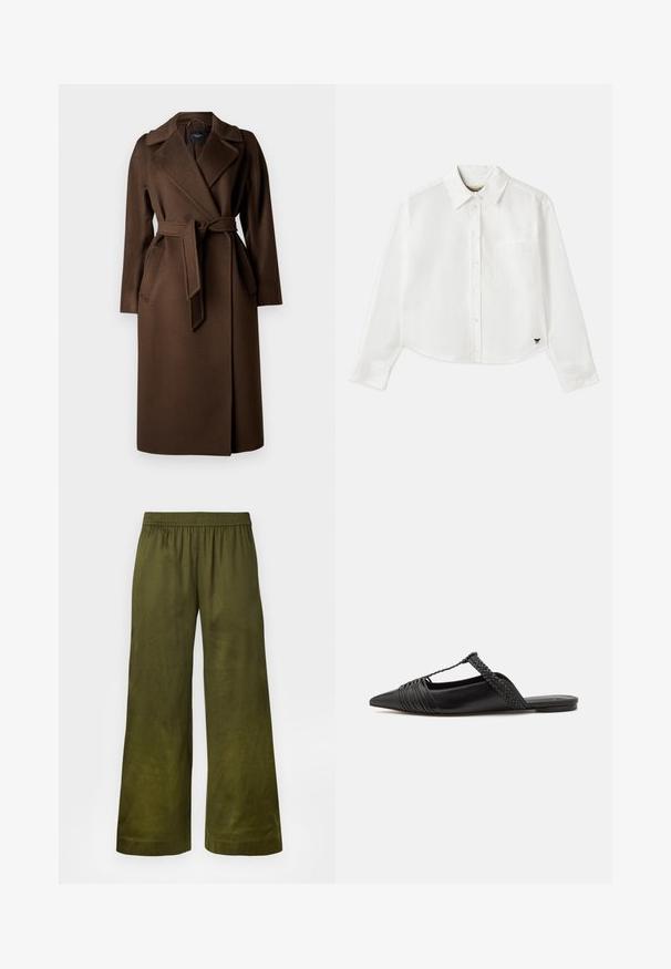 Manteau trench en laine marron avec un col à revers, des manches longues et une ceinture. Comprend des poches latérales et une finition en tissu lisse et texturé.; Chemise blanche à manches longues raccourcie en coton. Elle présente un devant à boutons, une poche sur la poitrine et un petit logo noir en bas à gauche.; Pantalons à jambes larges en tissu vert olive avec une taille élastique et une texture lisse. Aucuns motifs ni accents visibles.; Chaussure en cuir noir à talon ouvert avec un bout pointu, présentant un accent tressé et un design supérieur plissé. Semelle plate avec un matériel minimal.