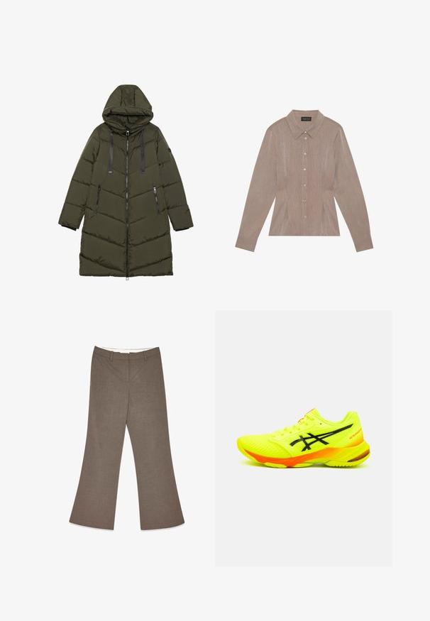 Abrigo acolchado verde oliva con capucha, que cuenta con cierre de cremallera, bolsillos laterales, patrón acolchado y detalles en negro en la cremallera y los cordones.; Camisa marrón de manga larga con cuello, patrón de rayas finas, cierre frontal con botones y costados con pliegues.; Pantalones acampanados marrones hechos de una tela texturizada, con un frente plano, presillas para cinturón y un corte clásico. Líneas limpias y ajustadas en todo.; Zapatilla deportiva de un brillante color amarillo con detalles en negro, parte superior de malla, superficie texturada y un detalle en el talón de color naranja. Diseño ligero para un mejor rendimiento.