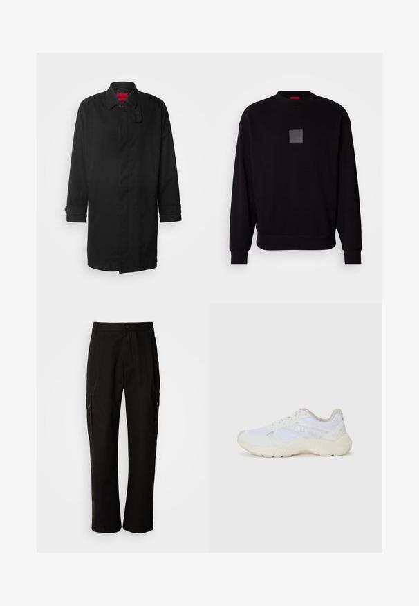 Svart regnfrakk med klassisk design, med knappelukking, krage og opprullbare ermer. Jevn tekstur, uten synlige mønstre eller detaljer.; Svart genser med lange ermer, rund halslinning, et grått firkantet logo på forsiden, myk tekstur og ribbet mansjetter og kant.; Svart cargobukse laget av bomull med avslappet passform, med sidelommer, knappeåpning og rette ben. Enkelt design uten mønstre.; Hvit idrettssko laget av mesh og skinn, med en teksturert mellomsåle, teksturerte detaljer og "HUGO"-logo på siden.
