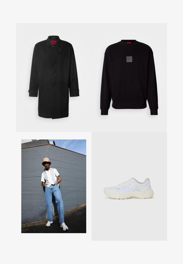 Musta sadetakki klassisella designilla, jossa on napitus, kaulus ja rullattavat hihansuut. Sujuva rakenne, ilman näkyviä kuvioita tai yksityiskohtia.; Musta collegepaita pitkilla hihoilla, pyöreällä kaula-aukolla, edessä harmaa neliölogo, pehmeä rakenne sekä ribbaus hihansuissa ja helmassa.; Lyhythihainen valkoinen paita, jossa on vaaleanharmaita raitoja, siniset farkut ja valkoiset lenkkarit, harmaata seinää vasten kirkkaan sinisen taivaan alla.; Valkoiset urheilukengät, jotka on valmistettu verkkokankaasta ja mokasta, sisältävät tekstuurillisen välipohjan, teksturoituja yksityiskohtia ja "HUGO"-logon sivussa.