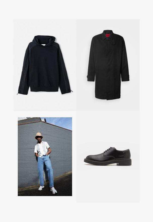 Black raincoat with a classic design, featuring a button closure, collar, and roll-up cuffs. Smooth texture, no visible patterns or accents.; Pier One Sweatshirt - black; Short-sleeve white shirt with light gray stripes, blue denim jeans, and white sneakers, set against a gray wall under clear blue sky.; Black leather lace-up shoe with a rounded toe, smooth texture, minimal stitching, and a low rubber heel. Logo on the heel.