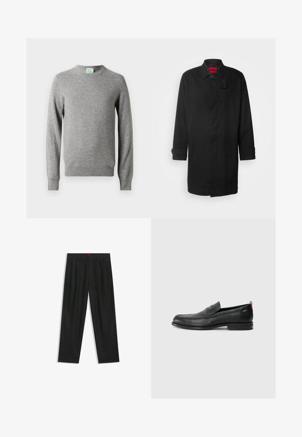 Abrigo de lluvia negro con un diseño clásico, que cuenta con cierre de botones, cuello y puños enrollados. Textura suave, sin patrones o acentos visibles.; Jersey de punto gris claro de manga larga y cuello redondo con puños y dobladillo acanalados, que presenta una pequeña etiqueta "From Future" en el interior del cuello.; Pantalones negros con diseño plisado, forma de pierna ancha y textura suave. Presenta una etiqueta de cintura roja.; Mocasines de cuero negro con un panel frontal texturizado y laterales lisos. Presenta un tacón delgado y un lazo trasero para facilitar su uso. Diseño clásico.