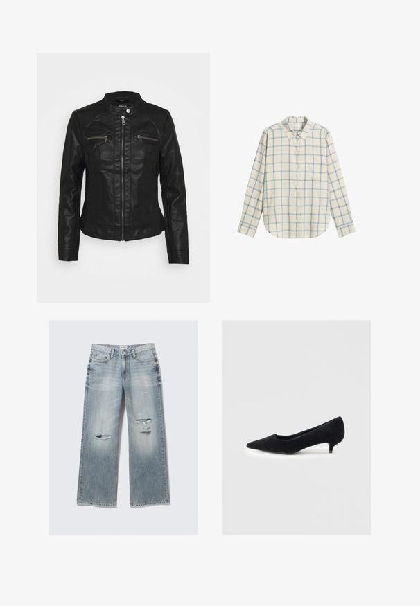 Schwarze Lederjacke mit Stehkragen, Front-Reißverschluss und zwei Reißverschluss-Brusttaschen. Verfügt über strukturierte Nähte und eine figurbetonte Silhouette.; Hemd mit Knopfverschluss in einem hellbeigen und blauen Karomuster, aus weichem Stoff gefertigt, mit Kragen und langen Ärmeln.; Schwarzes Langarmoberteil aus glattem Stoff mit rundem Halsausschnitt und figurnaher Silhouette; es hat weder Muster noch Akzente.; Hellblaue, weit geschnittene Jeans aus Denim mit lässigen Details, fransigen Kanten und einem ausgewaschenen Finish. Verfügt über vordere Taschen und einen klassischen Taillenbund.; Schwarzer Pumps mit spitzer Zehenpartie aus weichem Stoff mit strukturierter Oberfläche und einem kurzen, schmalen Absatz. Einfaches Design, keine Verzierungen.