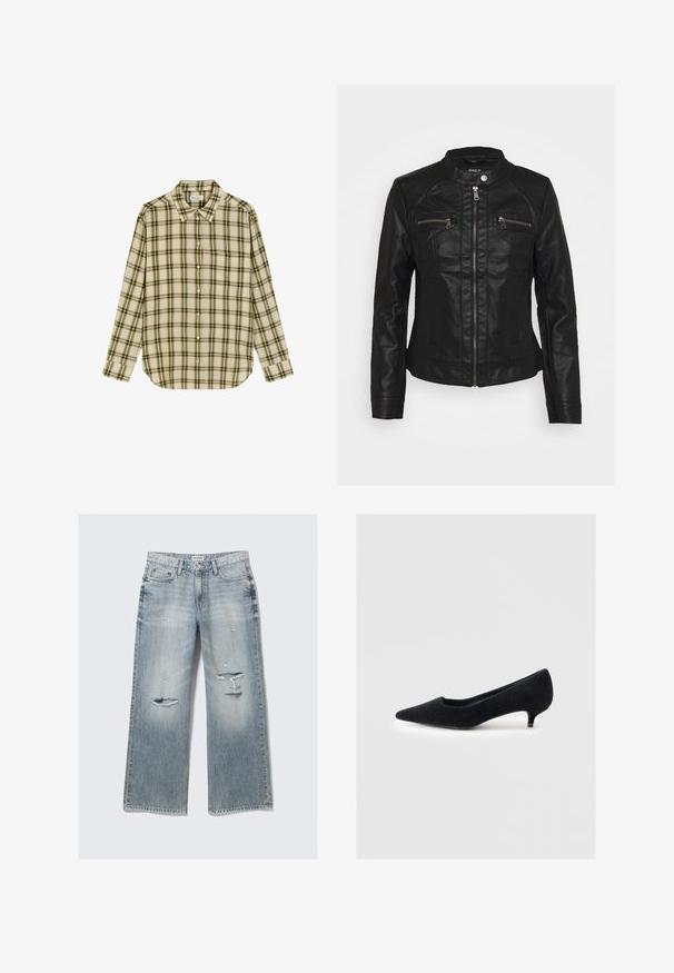 Black leather jacket with a stand collar, front zip closure, and two zippered chest pockets. Features textured stitching and fitted silhouette.; Button-up shirt in cream with green and brown plaid pattern. Features a classic collar and long sleeves, with a single pocket on the left chest.; Black long-sleeve top made of smooth fabric with a round neckline and fitted silhouette; features no patterns or accents.; Light blue denim wide-leg jeans with distressed details, frayed edges, and a faded finish. Features front pockets and a classic waistband.; Black felt pump with a pointed toe and a low kitten heel. The shoe features a smooth texture and minimalist design without embellishments.