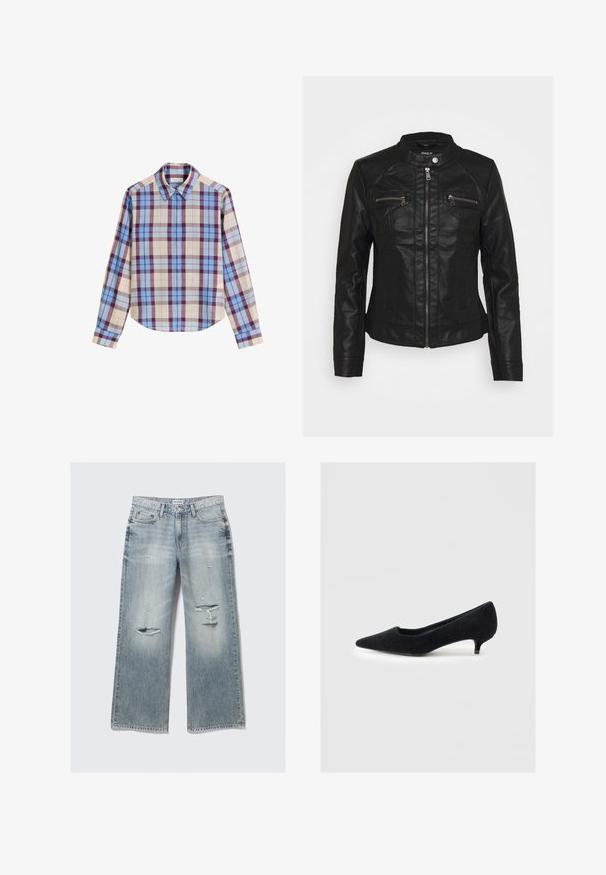 Schwarze Lederjacke mit Stehkragen, Front-Reißverschluss und zwei Reißverschluss-Brusttaschen. Verfügt über strukturierte Nähte und eine figurbetonte Silhouette.; Langarmhemd mit einem mehrfarbigen Karomuster in Blau-, Burgunder- und Beigetönen, aus einem glatten Stoff. Klassischer Kragen.; Schwarzes Langarmoberteil aus glattem Stoff mit rundem Halsausschnitt und figurnaher Silhouette; es hat weder Muster noch Akzente.; Hellblaue, weit geschnittene Jeans aus Denim mit lässigen Details, fransigen Kanten und einem ausgewaschenen Finish. Verfügt über vordere Taschen und einen klassischen Taillenbund.; Schwarzer Pumps mit spitzer Zehenpartie aus weichem Stoff mit strukturierter Oberfläche und einem kurzen, schmalen Absatz. Einfaches Design, keine Verzierungen.