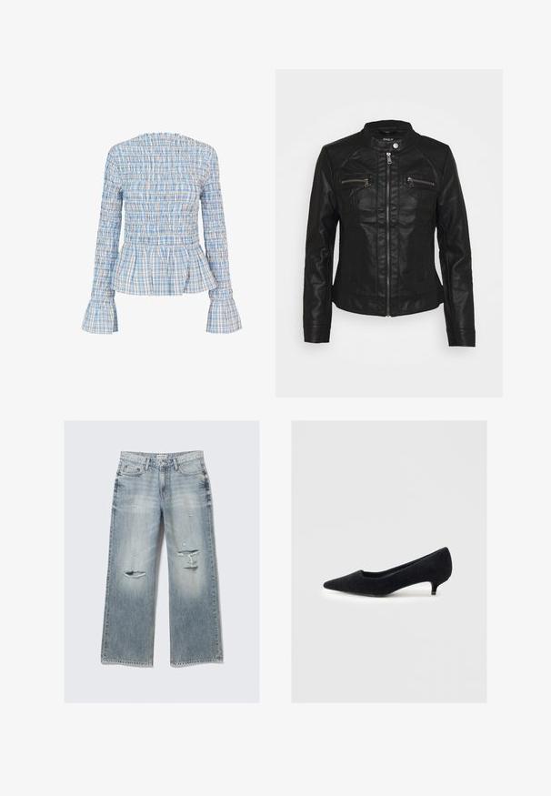 Must mustanaha kattel, millel on seisva kraega, ees lukuga sulgemine ja kaks lukuga rinnahoidjat. Omab tekstuuriga õmblusi ja kehaehitusega siluetti.; Sinine ja valge ruuduline pluus smockimise tekstuuriga, peplum-hemiga ja laienevate varrukatega. Materjal näib kerge ja veidi elastne.; Must emane pikkade varrukatega siledast kangast, ümara kaelusega ja kitsaste lõigetega; ei sisalda mustreid ega aksessuaare.; Heledad sinised laiad teksapüksid, millel on kulumiskohad, kärbitud servad ja pleekinud viimistlus. Omab eesmine taskut ja klassikalist vööd.; Must koos kõrge kontsaga mustad punased kingad, mis on valmistatud pehmest kangast ja millel on tekstureeritud pind. Lihtne disain, ilma lisanditeta.