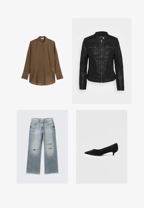 Schwarze Lederjacke mit Stehkragen, Front-Reißverschluss und zwei Reißverschluss-Brusttaschen. Verfügt über strukturierte Nähte und eine figurbetonte Silhouette.; Braun kariertes Langarmhemd aus weichem Stoff, mit klassischem Kragen, Knopfverschluss und geradem Saum in entspannter Passform.; Schwarzes Langarmoberteil aus glattem Stoff mit rundem Halsausschnitt und figurnaher Silhouette; es hat weder Muster noch Akzente.; Hellblaue, weit geschnittene Jeans aus Denim mit lässigen Details, fransigen Kanten und einem ausgewaschenen Finish. Verfügt über vordere Taschen und einen klassischen Taillenbund.; Schwarzer Filz-Pumps mit spitz zulaufender Zehenpartie und niedrigem Kitten-Heel. Der Schuh zeichnet sich durch eine glatte Textur und minimalistisches Design ohne Verzierungen aus.