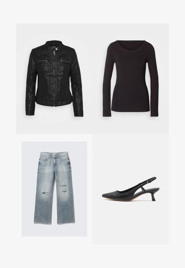 Schwarze Lederjacke mit Stehkragen, Front-Reißverschluss und zwei Reißverschluss-Brusttaschen. Verfügt über strukturierte Nähte und eine figurbetonte Silhouette.; Schwarzes Langarmoberteil aus glattem Stoff mit rundem Halsausschnitt und figurnaher Silhouette; es hat weder Muster noch Akzente.; Hellblaue, weit geschnittene Jeans aus Denim mit lässigen Details, fransigen Kanten und einem ausgewaschenen Finish. Verfügt über vordere Taschen und einen klassischen Taillenbund.; Schwarzer Leder-Slingback-Schuh mit spitzem Zehenbereich, niedrigem Blockabsatz, ausgeschnittenem Seitendetail und verstellbarem Knöchelriemen. Glatte Textur über das gesamte Design.