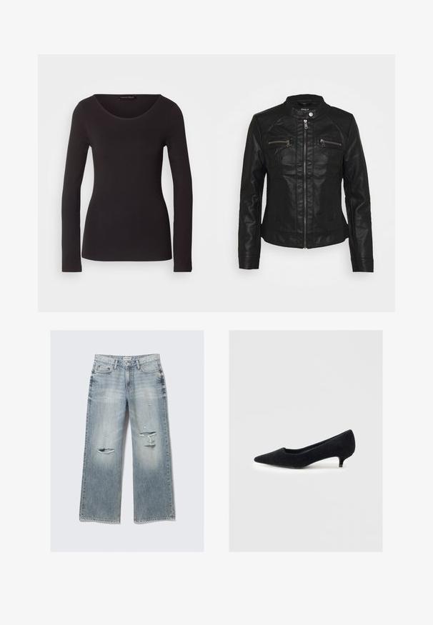 Zwarte leren jas met een opstaande kraag, ritssluiting aan de voorkant en twee ritszakken op de borst. Voorzien van een gestructureerde stiknaad en een aansluitende snit.; Zwarte longsleeve top gemaakt van soepele stof met een ronde hals en een aansluitende pasvorm; bevat geen patronen of accenten.; Overhemd met knopen in een lichtbeige en blauwe ruitpatroon, gemaakt van zachte stof, met een kraag en lange mouwen.; Lichtblauwe denim wide-leg jeans met verwoeste details, rafelige uiteinden en een vervaagde afwerking. Beschikt over voorzakken en een klassieke tailleband.; Zwarte puntige pump van zachte stof met een gestructureerde afwerking en een korte, smalle hak. Eenvoudig ontwerp, zonder versieringen.