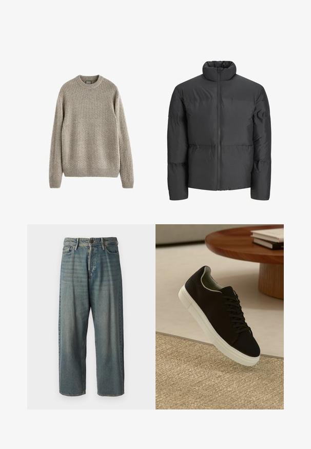Črna podložena jakna z visoko ovratnikom, celotnim zadrgo spredaj in horizontalnimi šivi. Material se zdi gladek in rahlo sijoč.; Bež pulover z rebrastim vzorcem, okroglim izrezom in dolgimi rokavi. Ima rebrast rob in manšete.; Svetlomoderne kavbojke z ohlapnim krojem, srednjim pasom in ravnimi nogami. Imajo pet žepov, zanke za pas in zapiranje na gumb.; Črni športni copat z belim podplatom lebdi nad bež teksturiranim preprogam blizu okroglega lesenega mize z zloženimi knjigami.