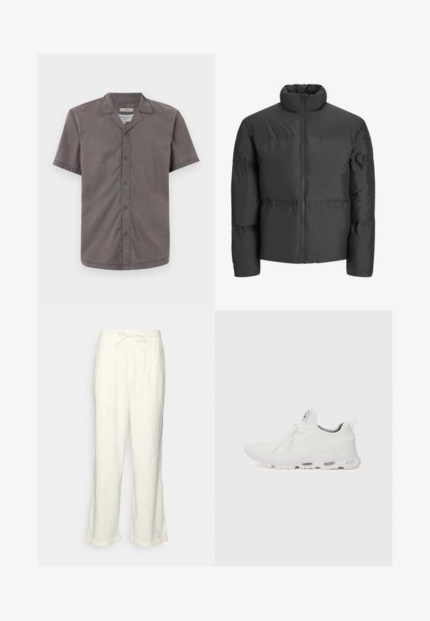 Črna podložena jakna z visoko ovratnikom, celotnim zadrgo spredaj in horizontalnimi šivi. Material se zdi gladek in rahlo sijoč.; Srajca s kratkimi rokavi in gumbom v temno sivi barvi, izdelana iz mehkega materiala. Ima kamp ovratnik in pet sprednjih gumbov. Ima gladko teksturo in sproščen kroj.; Linen hlače v svetlo bež barvi z elastičnim pasom, nekoliko širokimi hlačnicami in zavitimi manšetami za sproščen kroj. Brez žepov.; Bela atletska obuća z značilnom pletenom gornjom stranom, ravnim vezicama i podlogom s jastučićem koja ima vidljive zračne komore za dodatnu potporu.