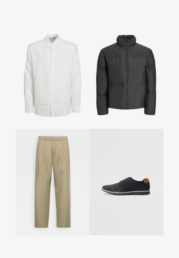 Svart polstret jakke med høy krage, hel glidelås foran og horisontale sømdetaljer. Materialet ser glatt og litt skinnende ut.; Hvit langermet skjorte laget av lin, med knappestolpe foran, klassisk krage og subtil tekstur. Ermet avsluttes ved håndleddet med knappemanchetter.; Beige, høytlivs bukser med rett snitt, med flat front, sidelommer og et jevnt, strukturert stoff.; Sorte syntetiske sko med en teksturert overdel, glatte detaljer, brun hæl og en kontrastfarge på sålen. Har minimalt snøring og sømdetaljer.