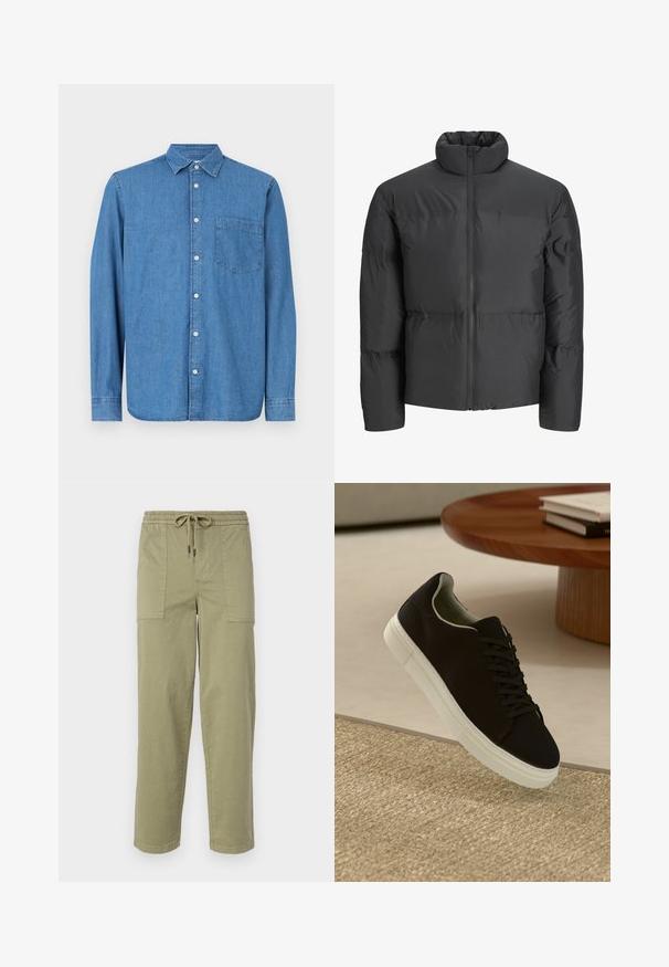 Črna podložena jakna z visoko ovratnikom, celotnim zadrgo spredaj in horizontalnimi šivi. Material se zdi gladek in rahlo sijoč.; Denim srajca, svetlo modra, dolgi rokavi, gumb na sprednji strani, ovratnik, ena prsna žep, ravna rob, subtilna tekstura, sproščen dizajn.; Hlače svetlo olivno zelene barve, izdelane iz bombažne mešanice, z elastičnim pasom in vrvico ter dvema velikima stranskima žepoma.; Črni športni copat z belim podplatom lebdi nad bež teksturiranim preprogam blizu okroglega lesenega mize z zloženimi knjigami.