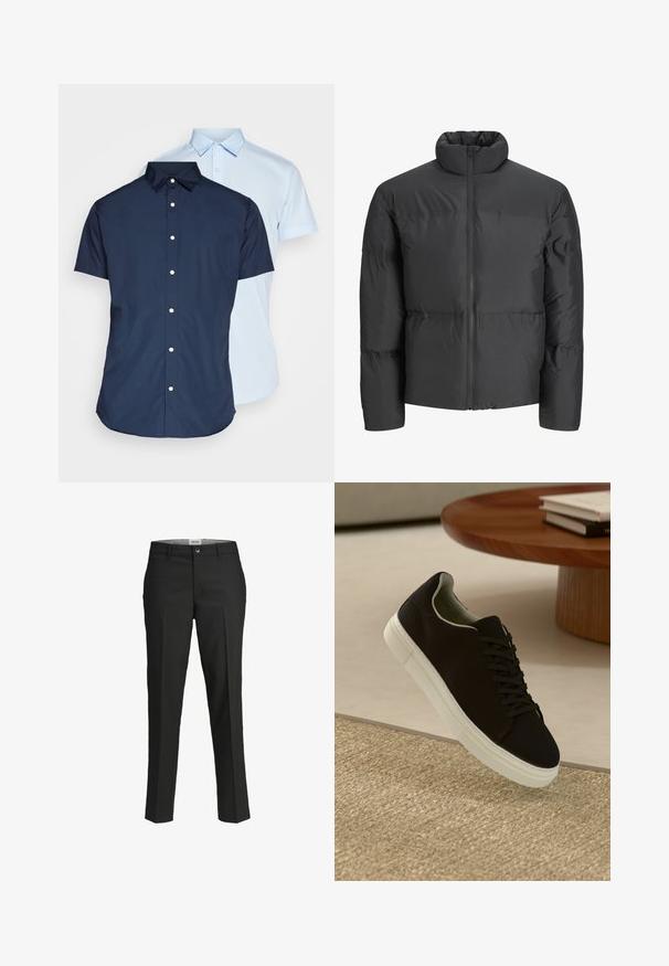 Juodas paminkštintas švarkas su aukšta apykakle, visiškai užtraukiamu priekiniu užtrauktuku ir horizontalių siūlių detalėmis. Medžiaga atrodo glotni ir šiek tiek blizganti.; Trumpetėliai su trumpomis rankovėmis, vienas tamsiai mėlynas ir vienas šviesiai mėlynas, turintys apykakles, priekinį užsegimą ir lygų audinio paviršių.; Juodos kelnes, pritaikytas siluetas, lygus audinys, vidutinio aukščio liemuo, priekyje su užsegimu, kampinės kišenės ir raukšlės detalės palei kojas.; Juodas sportinis batelis su baltu padu, lekiančius virš smėlio spalvos tekstūruoto kilimo šalia apvalaus medinio stalo su sukrautomis knygomis.