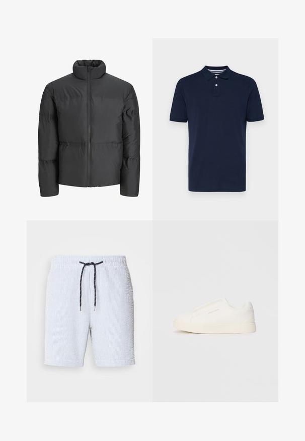 Must must pakkpusa, millel on kõrge krae, täispikk tõmblukk ja horisontaalsed õmbluse detailid. Materjal paistab siledana ja kergelt läikivana.; Tumed sinise lühikese varrukaga polo särk, valmistatud puuvillast, millel on kraega kaelus kolmes nupuga ja peened horisontaalribalised kaeluses.; Triibulised ujumispüksid helesinisest ja valgest, millel on elastne vöökoht ning tumesinisest nöörist ja väikestest hõbedast metallotsikutest valmistatud nöör.; Valged libisemiskindlad tossud tekstuuriga pinnaga, paksu tallaga ja minimalistikus disainis. Küljel on brändi logo.