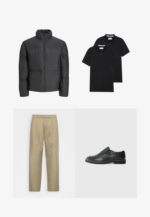 Chaqueta acolchada negra con cuello alto, cierre frontal de cremallera completa y detalles de costura horizontal. El material parece suave y ligeramente brillante.; Dos camisetas polo negras, de manga corta, de material de algodón, que presentan un cuello clásico, una tapeta de dos botones y acentos de rayas blancas en el interior del cuello.; Pantalones beige de cintura alta con corte recto, con frente plano, bolsillos laterales y una tela suave y texturizada.; Zapato negro de cuero sin cordones con un upper suave, detalles de costura, punta redonda y un bajo tacón de goma. La suela presenta una tracción mínima.