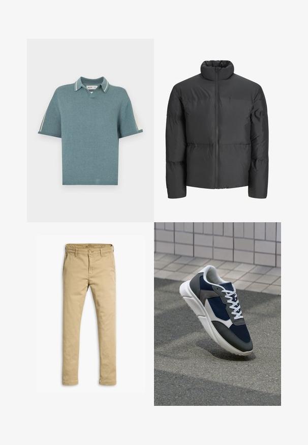 Črna podložena jakna z visoko ovratnikom, celotnim zadrgo spredaj in horizontalnimi šivi. Material se zdi gladek in rahlo sijoč.; Polo stil pletena majica v mehki teal barvi, z V-izrezom, kratkimi rokavi in kontrastnimi črtastimi ovratniki. Gladka tekstura po celotni površini.; Bež chinos hlače iz bombaža, s ravnim krojem, sprednjimi in zadnjimi žepi ter gumbom za zapiranje in pasom za pas.; Superge z zgornjim delom iz mrežaste tkanine v mornarsko modri barvi, sivi usnjeni poudarki, belo gumijasto podplato in ravnimi belimi vezalkami, zasnovane za udobje in zračnost.