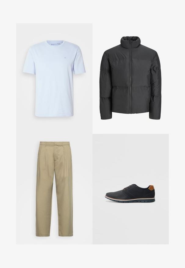 Černá vycpaná bunda s vysokým límcem, plným zipem vpředu a vodorovným švem. Materiál vypadá hladce a mírně leskle.; Světle modré tričko s krátkým rukávem vyrobené z bavlny, s kulatým výstřihem a malým vyšitým logem na hrudi. Hladký povrch.; Beige kalhoty s vysokým pasem a rovnýmlíčkem, s plochým předním dílem, bočními kapsami a hladkým, strukturovaným materiálem.; Černé syntetické boty s texturovaným svrškem, hladkými detaily, hnědým podpatkem a kontrastní podrážkou. Obsahují minimální šněrování a švy.