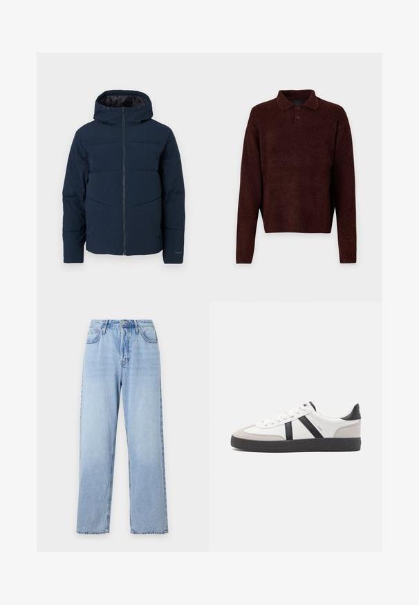 Tumesinise fliistekiga puffer jakk, millel on eemaldatav kapuuts, täispikk tõmblukk ja isolaatorite jaoks õmmeldud sektsioone. Omab elastseid randmeid ja sileda tekstuuri.; Pruun kudumiga pehme pullover, millel on polo kaelus, kolm nuppu kaela juures ja pikad varrukad. Pehme tekstuur, ribidega mansetid ja äär.; Heledad sinised teksad sirge lõikega, kõrge vöökoht, viis taskut ja ülemine nööp sulgemiseks. Omab pleekinud pesu ja kontrastset õmblust.; Valged tossud mustade ja hallide aktsentidega, tekstureeritud halli varbakattega, musta kummitald ja lamedad valged paelad. Puhtad jooned, minimalistlik stiil.