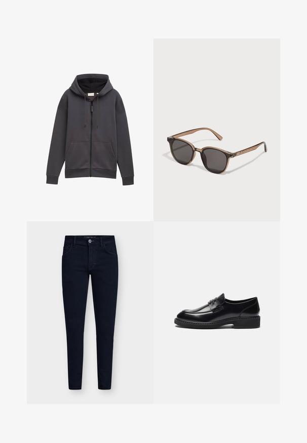 Zwarte button-up jas gemaakt van een gladde stof, met een kraag, een voorzak en omgeslagen mouwen. Geen zichtbare patronen of accenten.; Grijze ritssluiting hoodie met een capuchon, voorzakken en trekkoorden. Gemaakt van textuurstof, met een iets ontspannen pasvorm en manchet.; Set van vijf T-shirts met korte mouwen in wit, beige, lichtgrijs, donkergrijs en zwart. Gemaakt van gladde katoen en voorzien van een ronde hals.; Donkerblauwe, slim-fit jeans met vijf zakken, een knoopsluiting en een stevige denimstof. Heeft een klassiek ontwerp en minimale stiksels.; Zign LEATHER - Zakelijke loafers - black; Bruine plastic zonnebril met donkere lenzen, ronde vorm en taps toelopende pootjes. Opvallende versiering op de slapen.