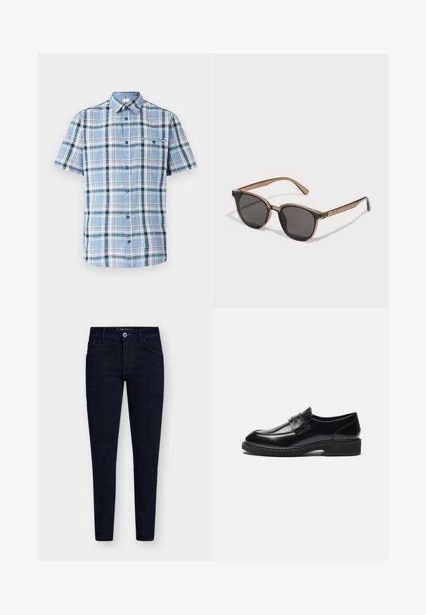 Črna jakna z gumbi, izdelana iz gladkega blaga, z ovratnikom, sprednjim žepom in manšetami. Brez vidnih vzorcev ali dodatkov.; Kratek rokav s srajčnim zapiranjem v svetlo modrem karirastem vzorcu z temno modrimi, belimi in rdečimi poudarki. Ima žep na prsih in gladko teksturo.; Temno modri, oprijeti kavbojke s petimi žepi, z gumbom za zapiranje in trdno denim tkanino. Imajo klasičen dizajn in minimalno šivanje.; Zign LEATHER - Elegantni čevlji brez vezalk - black; Rjave plastične sončna očala s temnimi lečami, okrogle oblike in zoženimi ročaji. Opozarjajoča okrasitev na templjih.