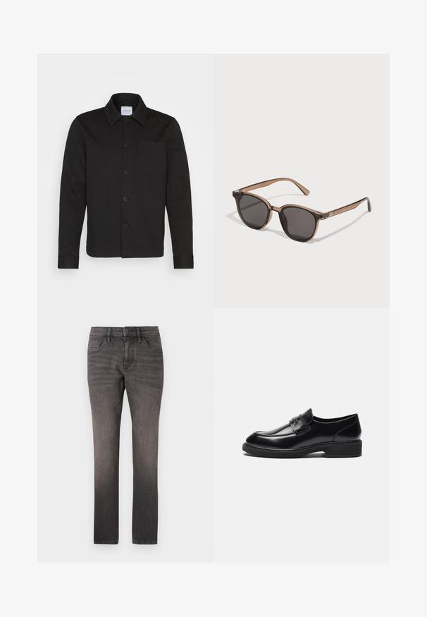 Melns džemperis ar pogām, izgatavots no gludas auduma, ar apkakli, priekšējo kabatu un ar piespraustām piedurknēm. Nav redzamu rakstu vai akcentu.; Piecu īsām piedurknēm T-kreklu komplekts baltā, bēšā, gaiši pelēkā, tumši pelēkā un melnā krāsā. Izgatavoti no gludas kokvilnas, ar apaļu kakla izgriezumu.; TOM TAILOR JOSH - Džinsi ar taisnām starām - used dark stone black denim; Zign LEATHER - Lietišķa stila kurpes - black; Brūnas plastmasas saulesbrilles ar tumšo lēcu, noapaļotu formu un sašaurinātām kājiņām. Ievērojama rotājuma detaļa uz tempļiem.