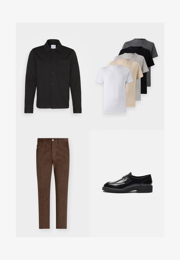 Černá sako na knoflíky vyrobené z hladké tkaniny, se límcem, přední kapsou a manžetami. Žádné viditelné vzory ani akcenty.; Sada pěti triček s krátkým rukávem v bílé, béžové, světle šedé, tmavě šedé a černé barvě. Vyrobena z hladké bavlny, s designem kulatého výstřihu.; Hnědé manšestrové kalhoty s rovný střih, vybavené knoflíkovým zapínáním, předními kapsami a vertikálním žebrovaným vzorem po celém povrchu.; Zign LEATHER - Elegantní nazouvací boty - black