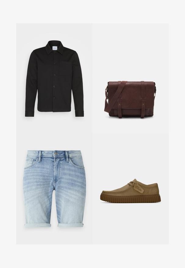 Black button-up jacket made of smooth fabric, featuring a collar, front pocket, and cuffed sleeves. No visible patterns or accents.; Set of five short-sleeve t-shirts in white, beige, light gray, dark gray, and black. Made of smooth cotton, featuring crew neck design.; Light blue denim shorts with a faded finish, rolled cuffs, front pockets, and a metallic button closure at the waist.; Light brown suede shoes with a rounded toe, stitched detailing, and a ribbed brown rubber sole. Features a side tag with "Clarks" logo.; Brown leather messenger bag with a flat front flap, two straps, gold hardware accents, and an adjustable shoulder strap.