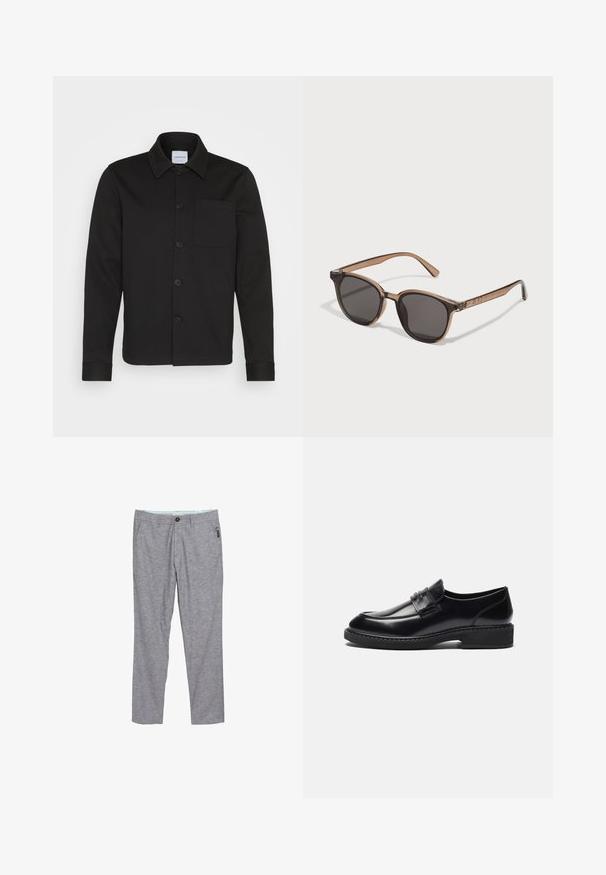 Mustaa nappikaulustakkia, joka on valmistettu sileästä kankaasta. Tässä takissa on kaulus, etutasku ja käänteiset hihansuut. Ei näkyviä kuvioita tai somisteita.; Viisi lyhythihaista t-paitaa valkoisena, beigeinä, vaaleanharmaana, tummanharmaana ja mustana. Valmistettu sileästä puuvillasta, jossa on pyöreä kaula-aukko.; Harmaat suorat housut, jotka on valmistettu teksturoidusta kankaasta. Ominaisuuksiin kuuluvat nappisulku, vyölenkit ja pieni sivutasku.; Zign LEATHER - Puvunkengät - black; Ruske muPlasticne sunčane naočale s tamnim lećama, okruglog oblika i suženim ručkama. Značajna dekoracija na sljepoočnicama.