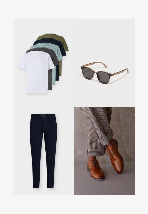 Svart knäppt jacka i slätt tyg, med krage, bröstficka och manschetter. Inga synliga mönster eller detaljer.; Sex kortärmade t-shirtar med rund hals i vitt, mörkgrått, ljusblått, marinblått, olivgrönt och mörkgrönt, som visar enfärgade nyanser och en bomullstextur.; Tre långärmade skjortor: ljusblå, vit och marinblå. Alla har en klassisk krage och knappstängning fram, tillverkade av slät tyg.; Mörkblå, slim-fit jeans med fem fickor, knäppning och ett robust denimtyg. Har en klassisk design och minimal sömnad.; Bruna läderskor har en rundad tå, fem ögla snörningsdesign och kontrasterande mörka snören. Byxorna är rutiga och uppvikta vid fållarna.; Bruna plastsolglasögon med mörka linser, rund form och avsmalnande skalmar. Anmärkningsvärd utsmyckning på skalmarna.; Brun läder budväska med en platt framklaff, två remmar, gyllene detaljer och en justerbar axelrem.
