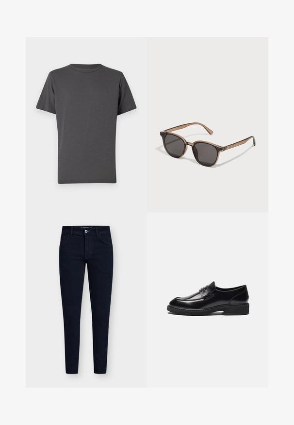 Black button-up jacket made of smooth fabric, featuring a collar, front pocket, and cuffed sleeves. No visible patterns or accents.; Dark gray crew-neck t-shirt, short sleeves, made from soft fabric. Features a subtle logo on the front, smooth texture with minimal seams.; Dark blue, slim-fit jeans with five pockets, a button closure, and a sturdy denim fabric. Features a classic design and minimal stitching.; Zign LEATHER - Smart slip-ons - black; Brown plastic sunglasses with dark lenses, rounded shape, and tapered arms. Notable embellishment on the temples.
