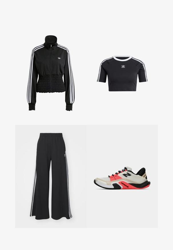 Černá sportovní bunda s vysokým límcem, celým zipem a elastickým pasem. Má bílé pruhy na ramenou a žebrované manžety. Zobrazeno logo Adidas.; Černé zkrácené tričko vyrobené z bavlny, s bílým žebrovaným kulatým výstřihem, krátkými raglánovými rukávy a bílými bočními pruhy se malým logem.; Černé pohodlné tepláky širokého střihu s elastickým pasem, na boční straně s bílými pruhy a vyšitým logem na levé stehně.; New Balance MINIMUS TR - Sportovní boty - sea salt