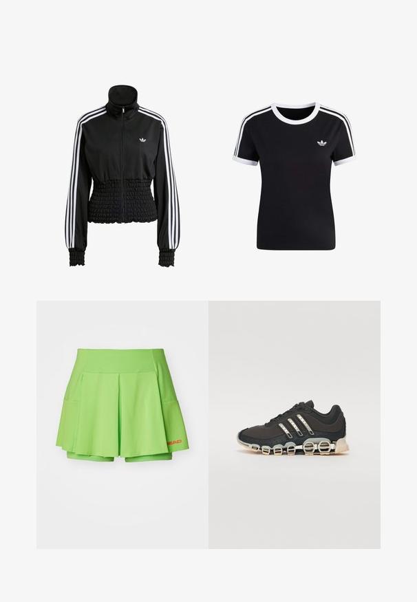 Černá sportovní bunda s vysokým límcem, celým zipem a elastickým pasem. Má bílé pruhy na ramenou a žebrované manžety. Zobrazeno logo Adidas.; Černé tričko s krátkým rukávem, bílé detaily, kulatý výstřih a tři bílé pruhy na každém rameni. Na hrudi je malá značka.; Zelená tenisová sukně s plisovaným designem, vyrobená z lehkého materiálu. Obsahuje integrované šortky a červené logo v pravém dolním rohu.; Černá atletická bota s texturovaným svrškem, třemi stříbrnými pruhy a výraznou odpruženou podrážkou se spoustou integrovaných sekcí.